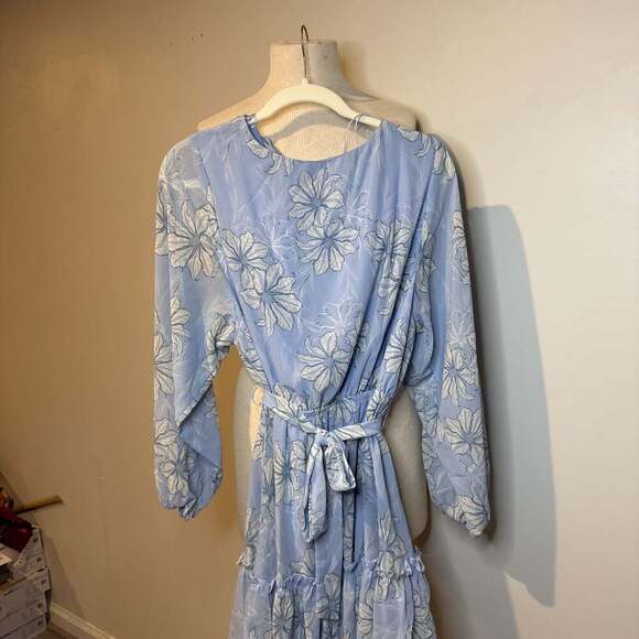 Flying Tomato Dresses & Skirts - Flying Tomato Womens Light Blue Floral Ruffle Sheer Long Sleeve Dress